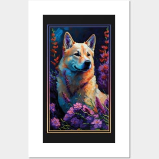 Jindo Dog Vibrant Tropical Flower Tall Digital Oil Painting Portrait 3 Posters and Art